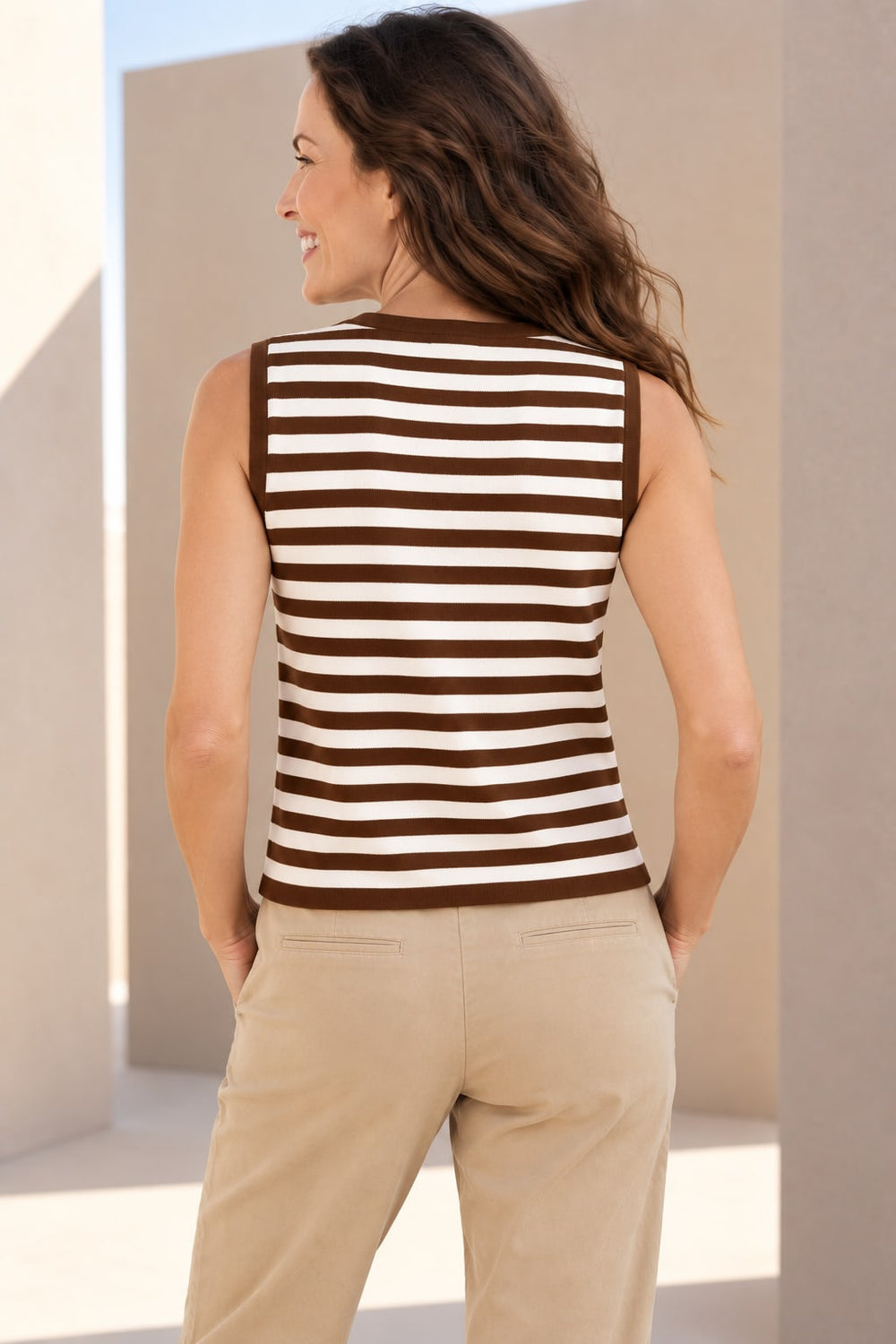 Women's striped sleeveless cardigan, front view, kennys
