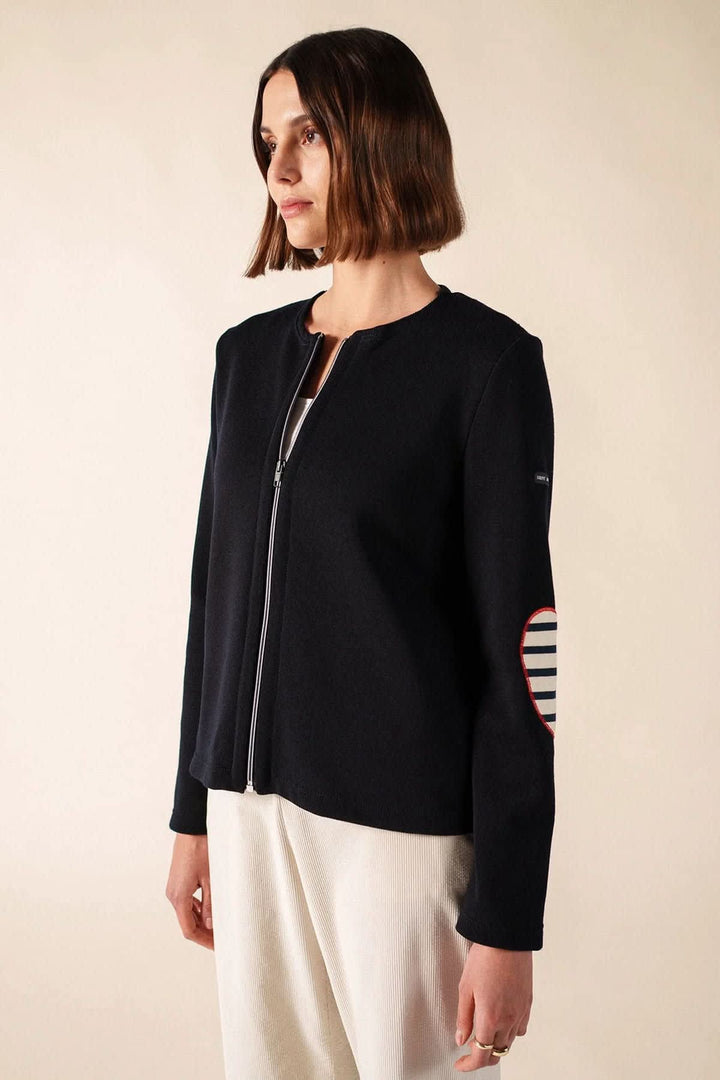 Front view of the blue Saint James Vaujany zip-up cardigan navy for women