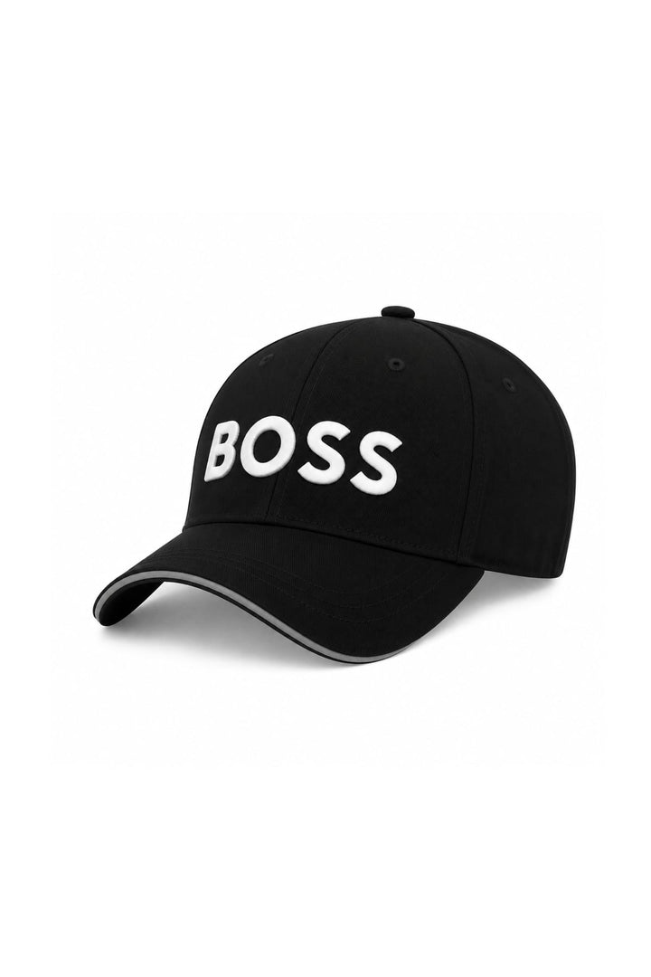 Side view of a black BOSS cap with embroidered logo and red accents for men - Valérie Simon