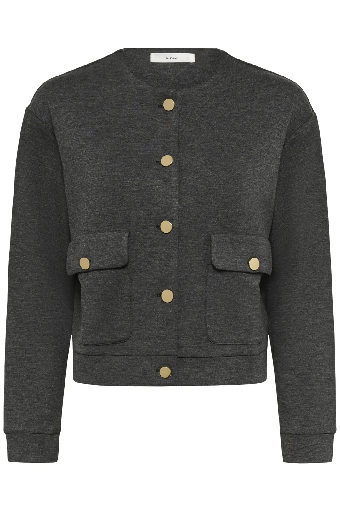 Veste Gida courte grise avec poches plaquées et boutons dorés, moderne et pratique.