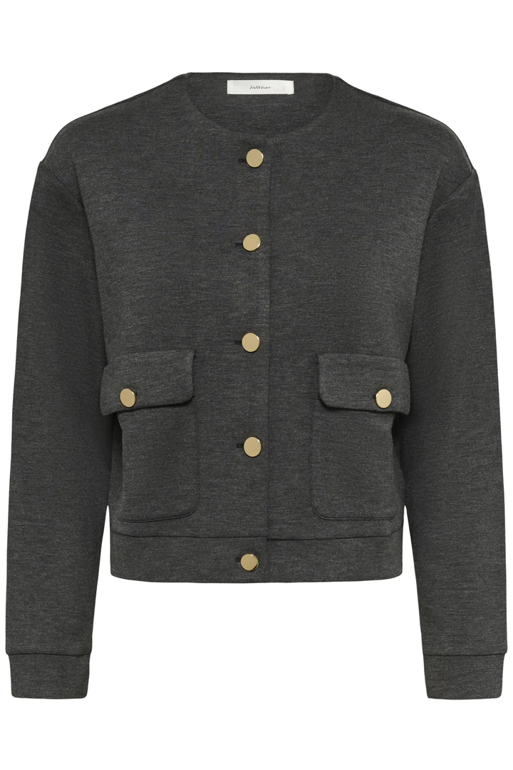 Veste Gida courte grise avec poches plaquées et boutons dorés, moderne et pratique.