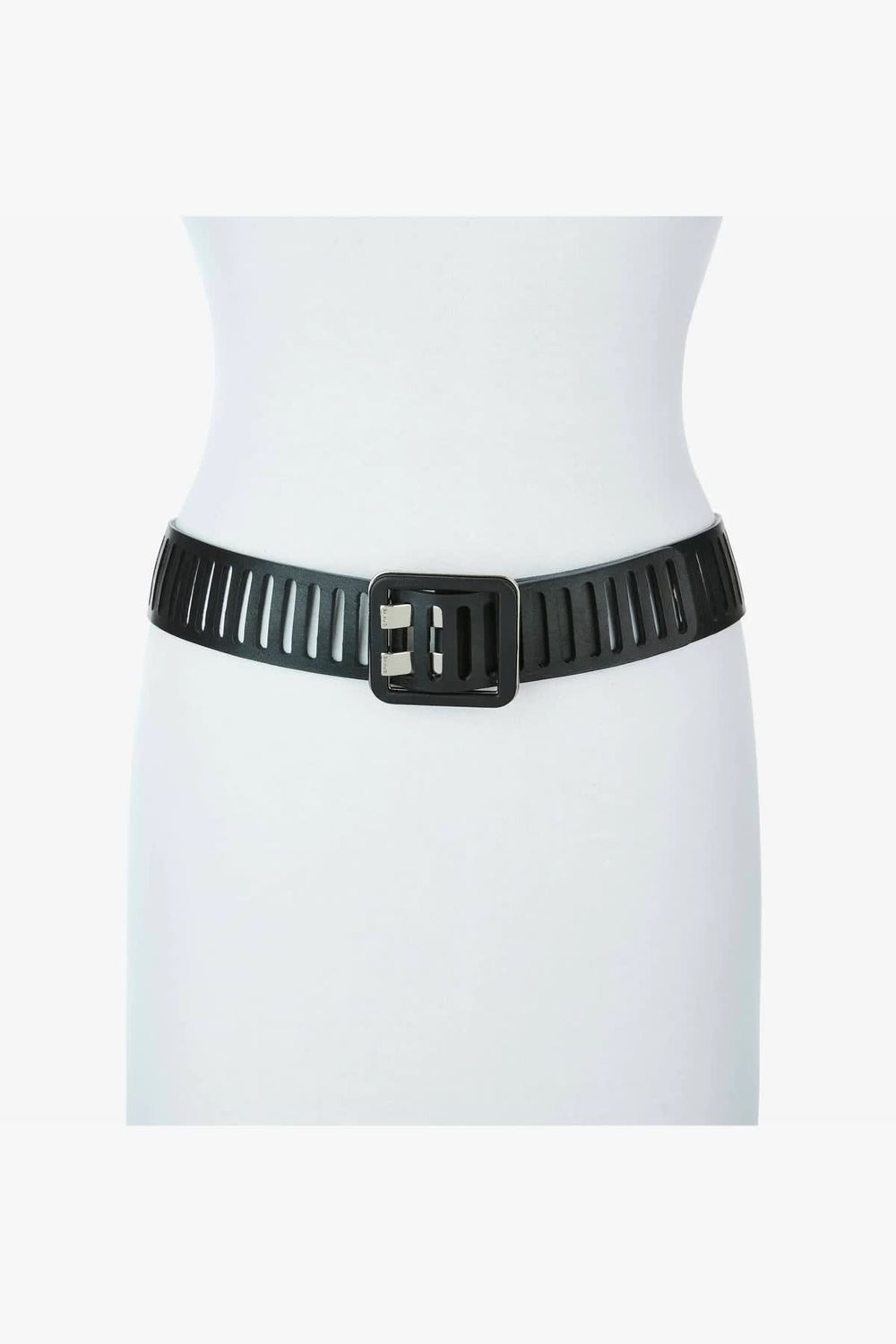 Women's "Brave" brown openwork leather belt with square buckle (front view) - Valérie Simon