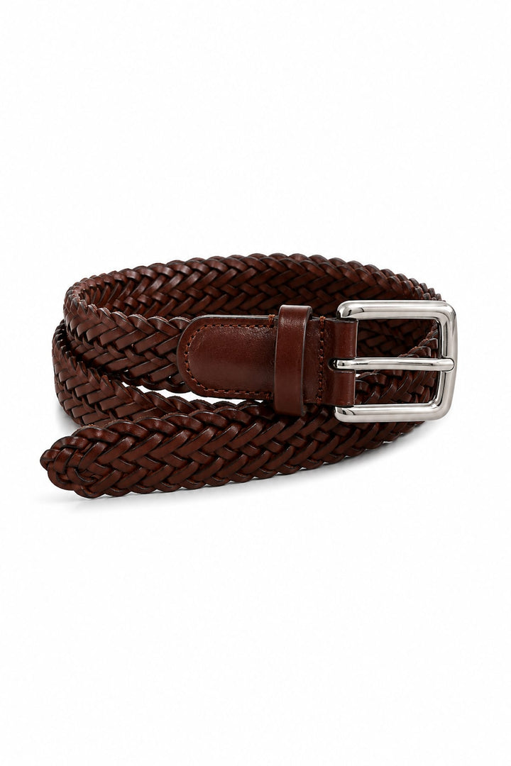 Ceinture tressée en cuir homme noir vue de côté avec boucle argentée Anderson’s - Valérie Simon