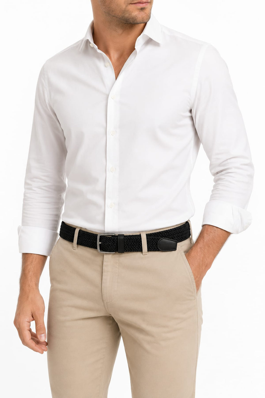 Close-up of the Meyer blue and beige stretch braided belt for men - Valérie Simon