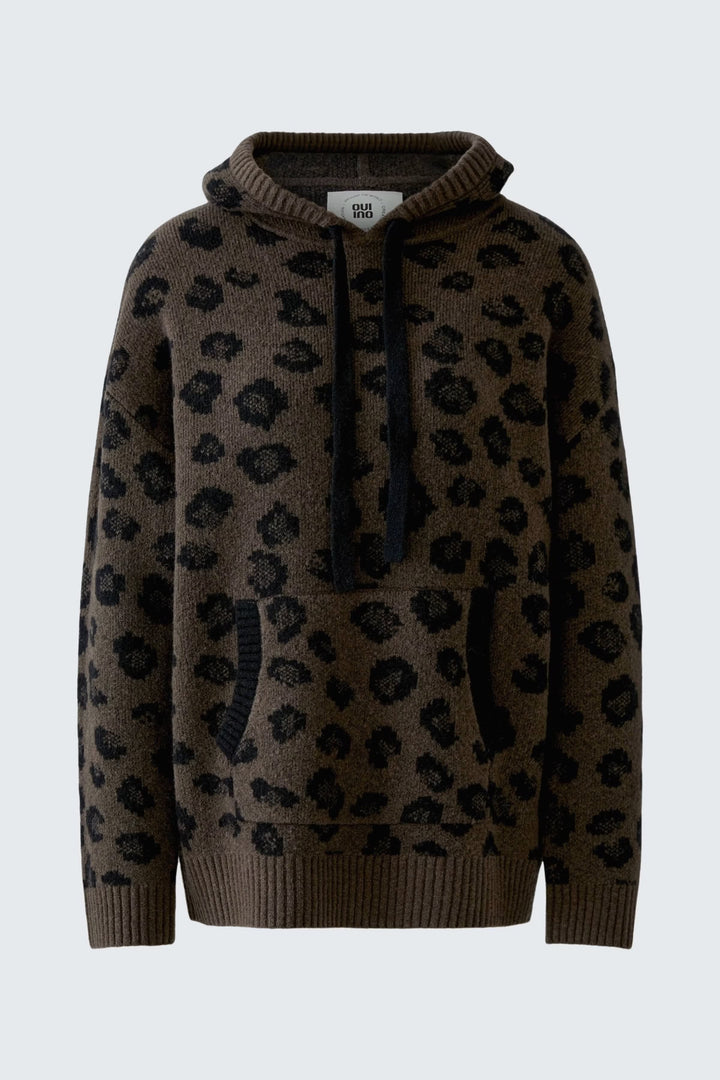 Vue de côté chandail léopard Oui pour femme beige motif capuchon - Valérie Simon