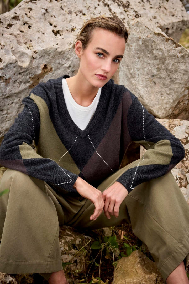 Vue de détail chandail losanges JC SOPHIE pour femme beige Valérie Simon