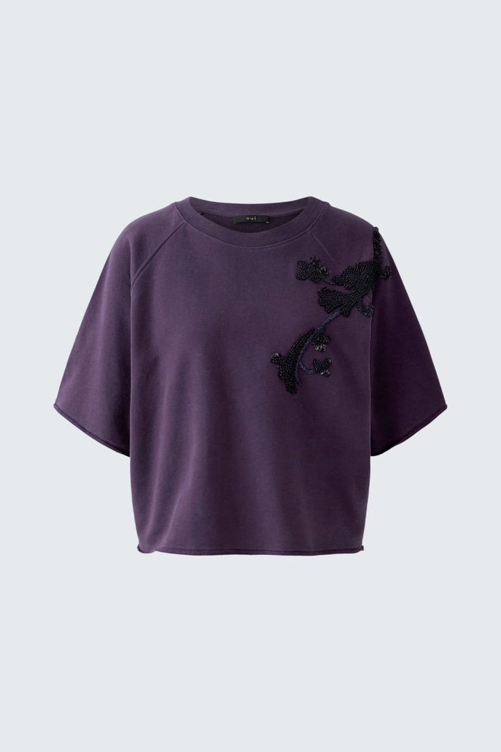 Vue de dos chandail avec appliqué floral pour femme bleu - Valérie Simon