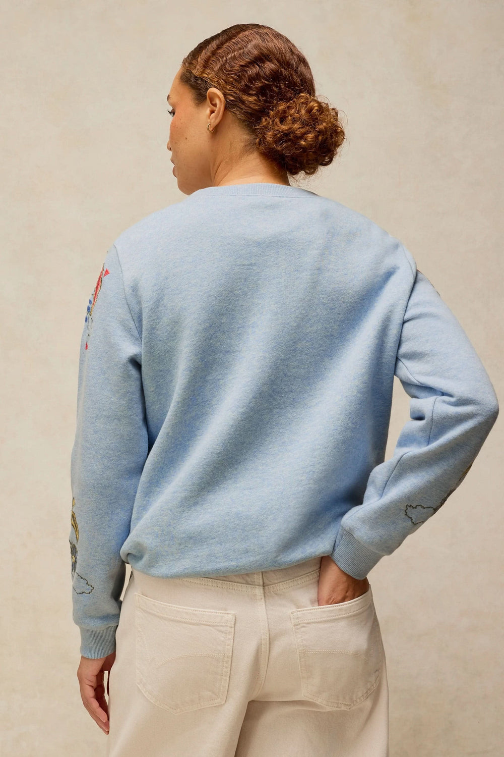 Women's Fleece cotton sweater sweater with embroidered floral patterns, front view White Stuff