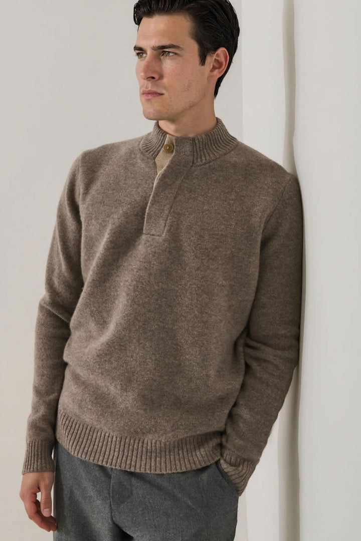 Patrick Assaraf men’s front view superfine lambswool button mock-neck sweater