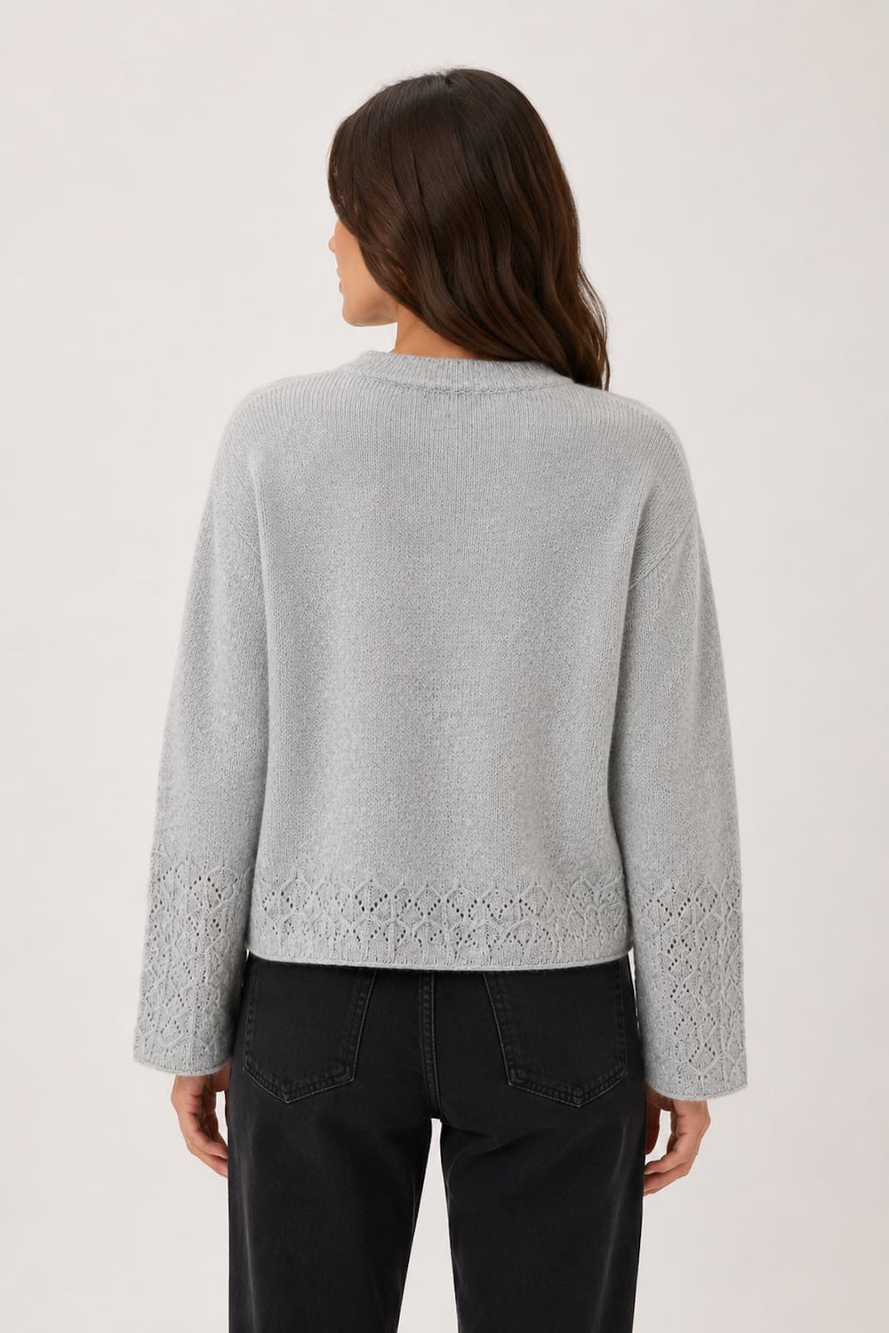 Front view of women's blue openwork Kaffe sweater details - Valérie Simon