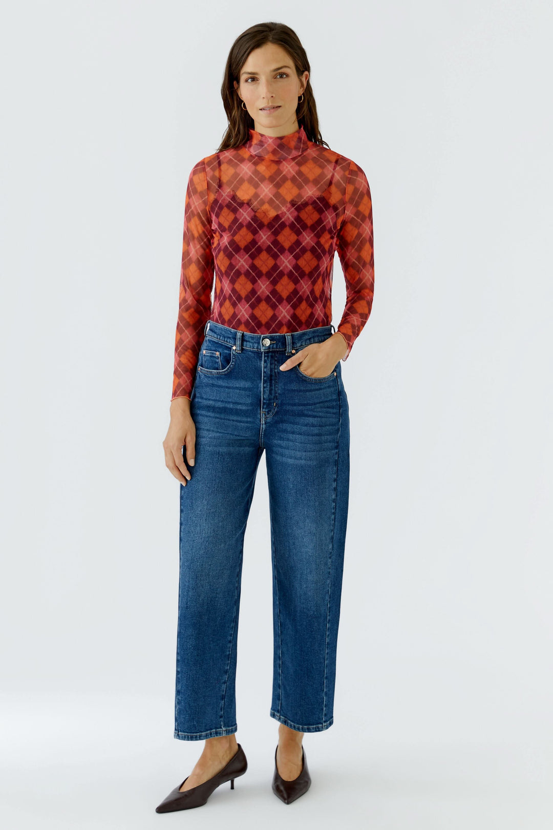 Chandail en maille transparente à motif à carreaux pour femme Oui