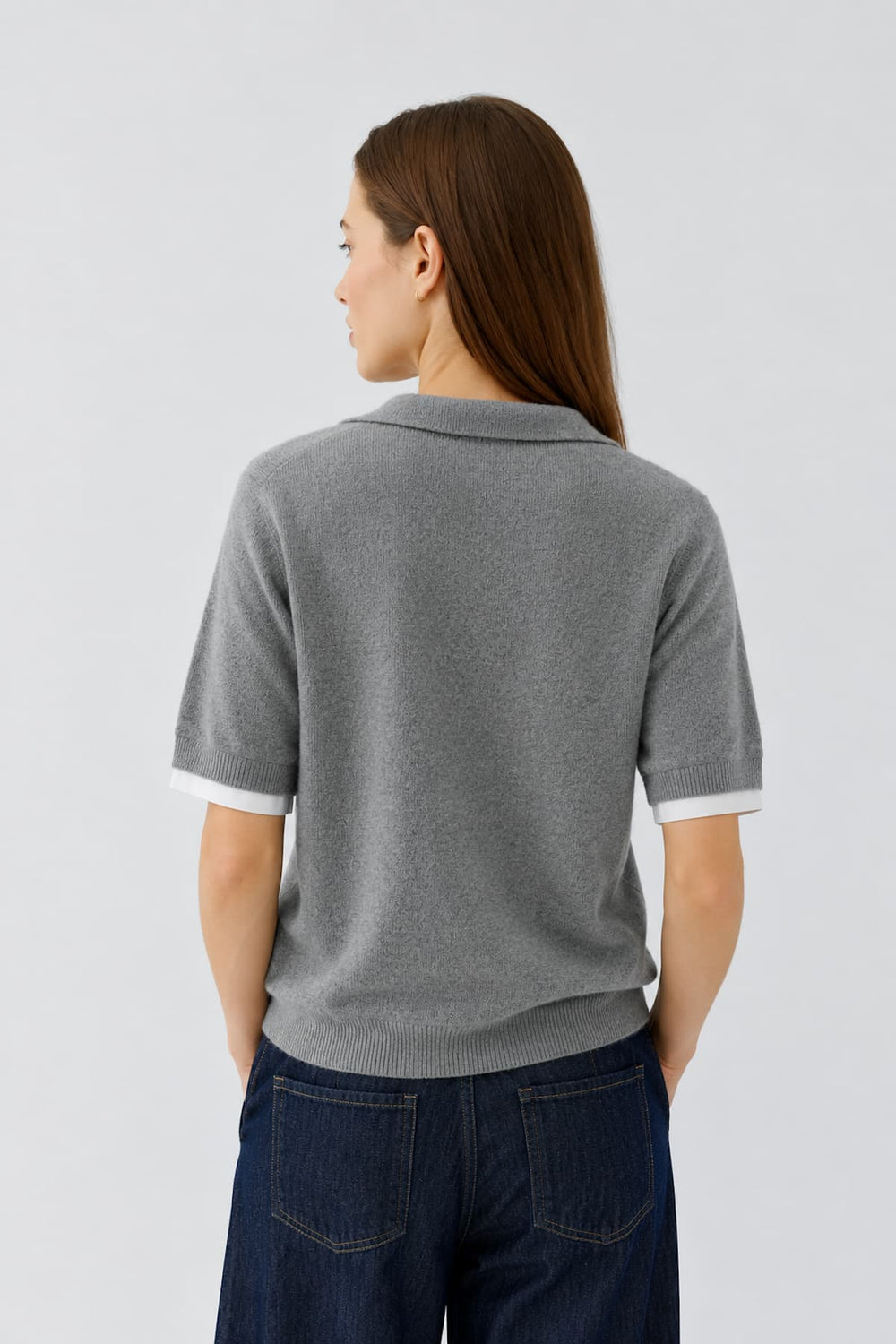 Women's layered-effect polo collar knit sweater front view Oui