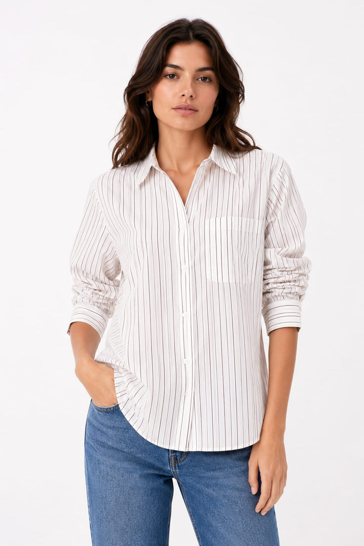 Vue détaillée chemise rayée manches froncées Repeat Cashmere bleue femme - Valérie Simon