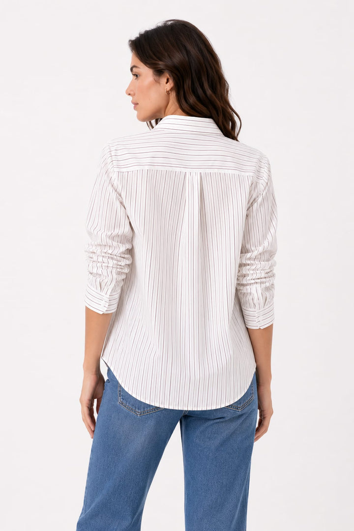 Vue de face chemise rayée Repeat Cashmere blanche à manches froncées pour femme - Valérie Simon