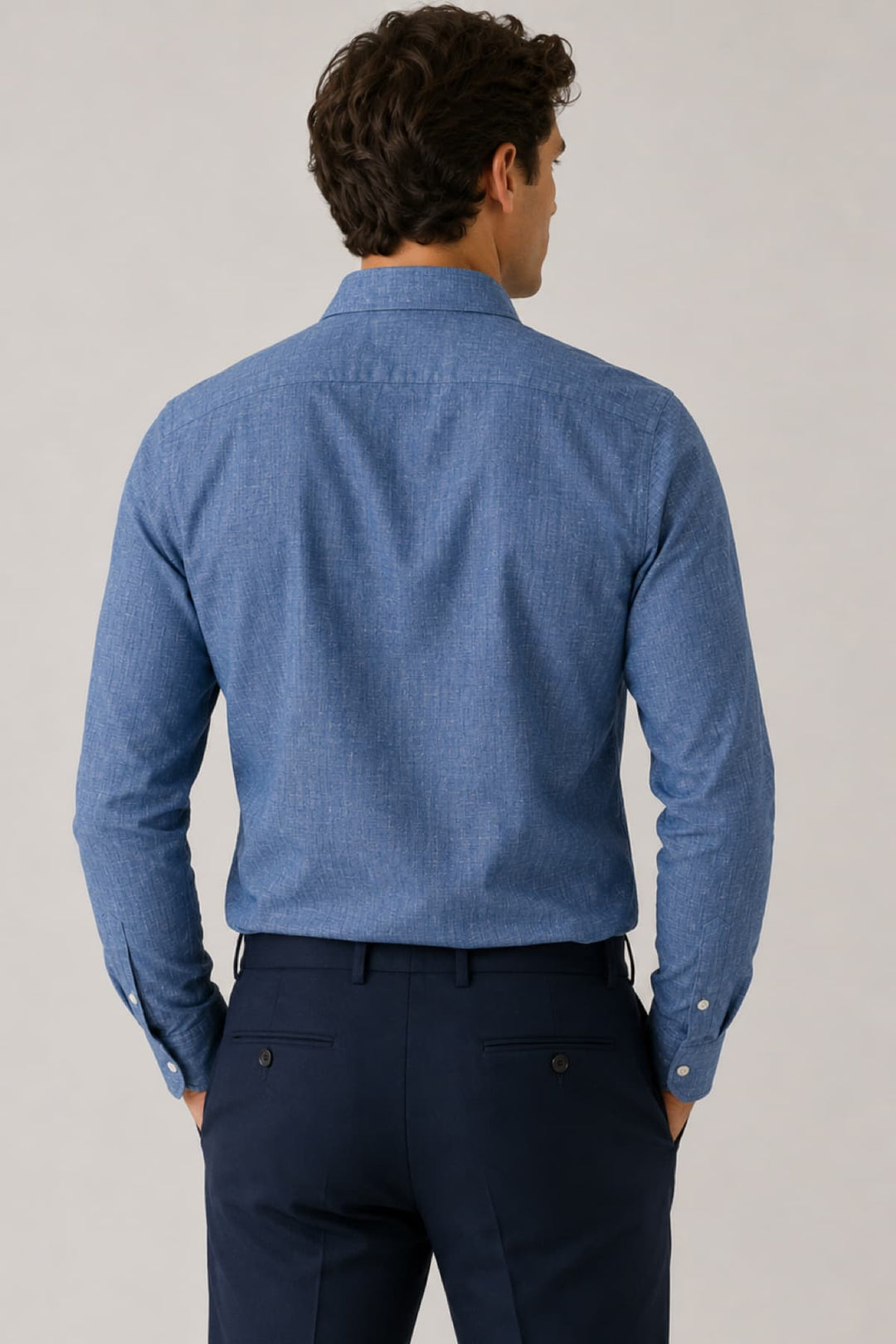 Front view of a blue Eton linen shirt for men with long sleeves - Valérie Simon
