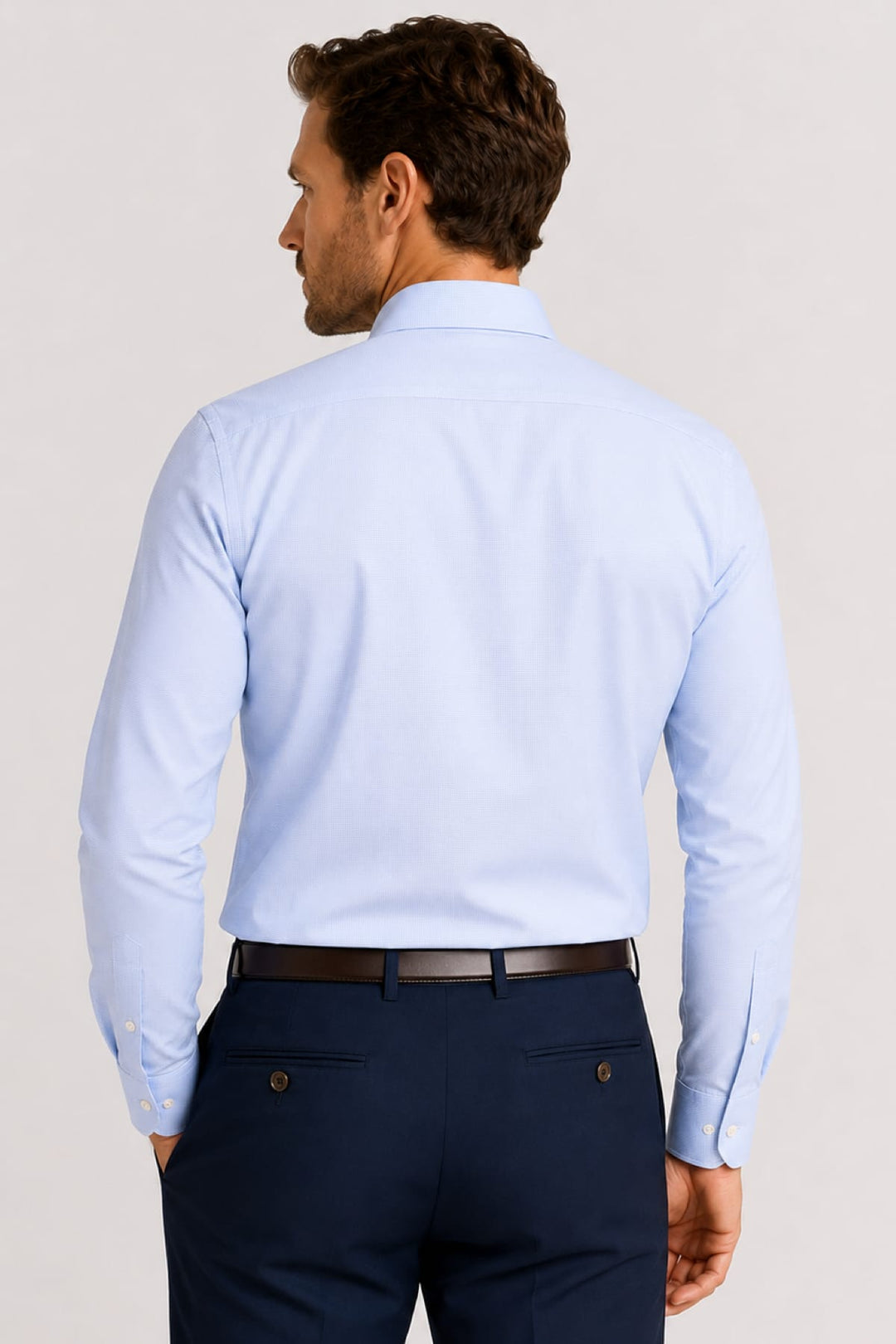 Front view of a white Eton micro-textured dress shirt for men, showing the collar detail - Valérie Simon
