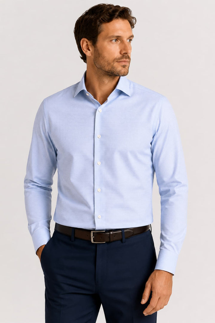 Front view of a blue Eton micro-textured dress shirt for men - Valérie Simon