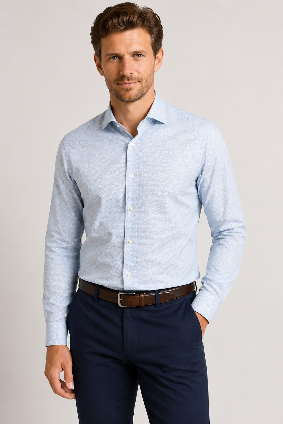 Front view of a white textured Eton dress shirt for men, featuring a collar detail - Valérie Simon