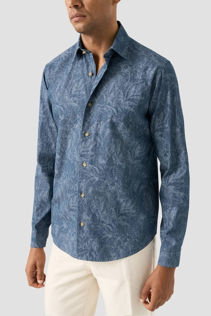 Front view of a white Eton floral-print sport shirt for men with unique cuffs - Valérie Simon