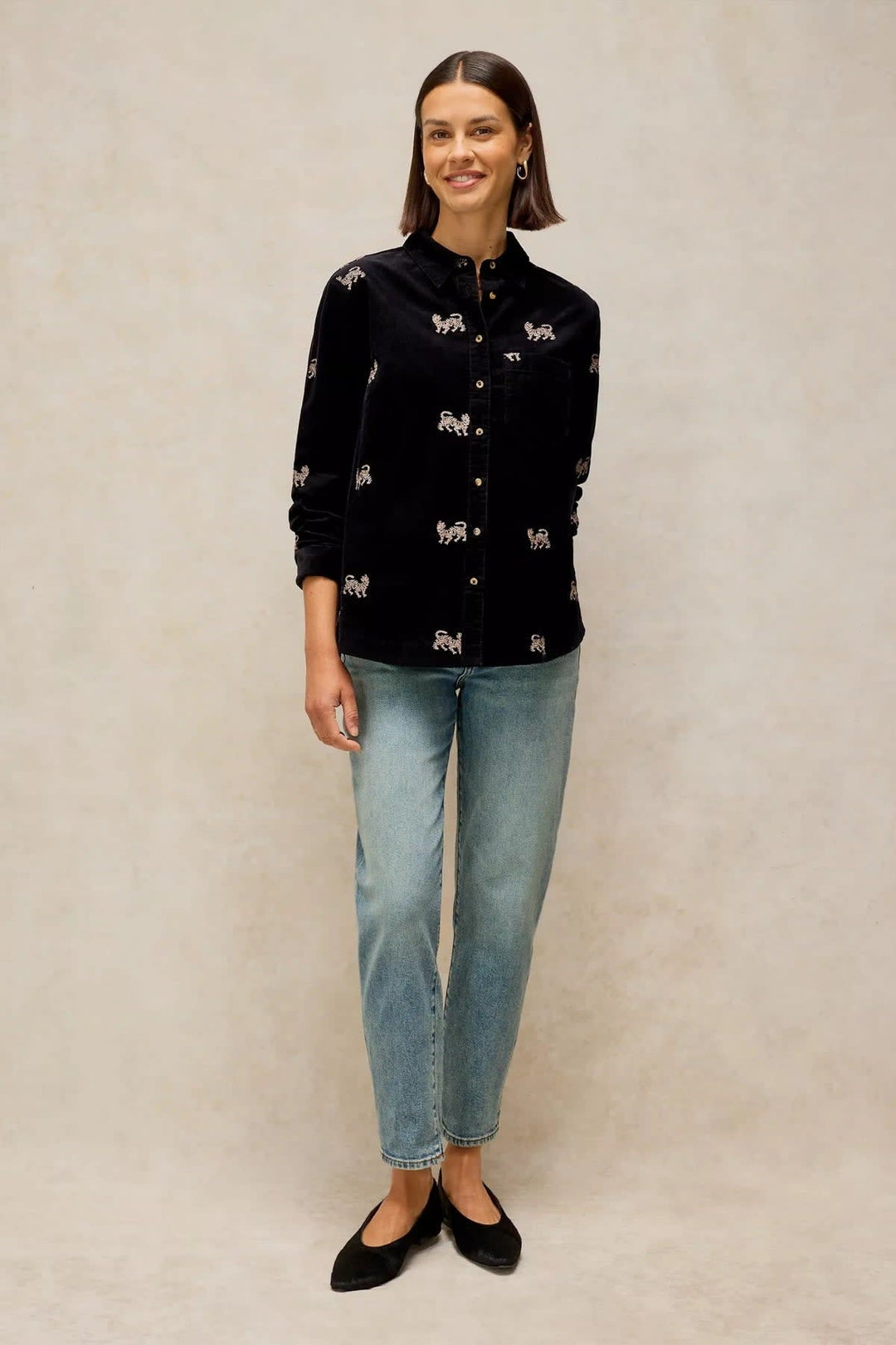 Libby corduroy shirt with embroidered patterns, front view, for women White Stuff