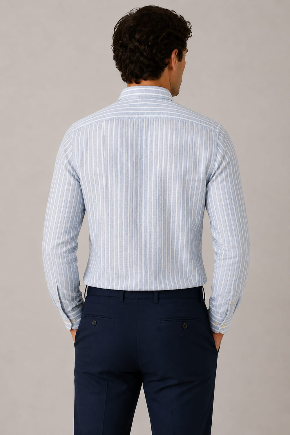 Front view of Eton men's blue and white long-sleeve striped shirt - Valérie Simon