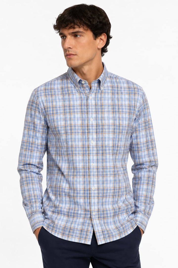Front view of a red-and-blue checkered shirt by Paul and Shark for men - Valérie Simon