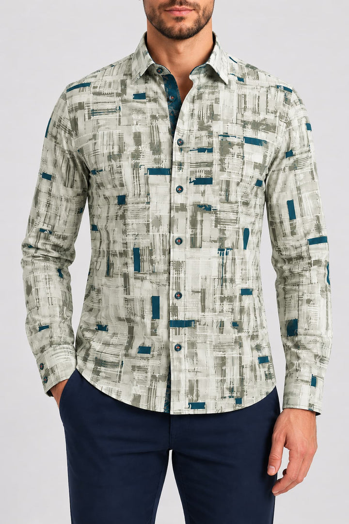 Front view of a multicolored abstract sports shirt with a contrasting button Au noir for men - Valérie Simon