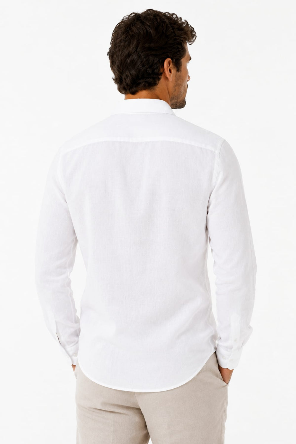 Front view of a blue men's Liege-style linen casual shirt with wooden button details - Valérie Simon