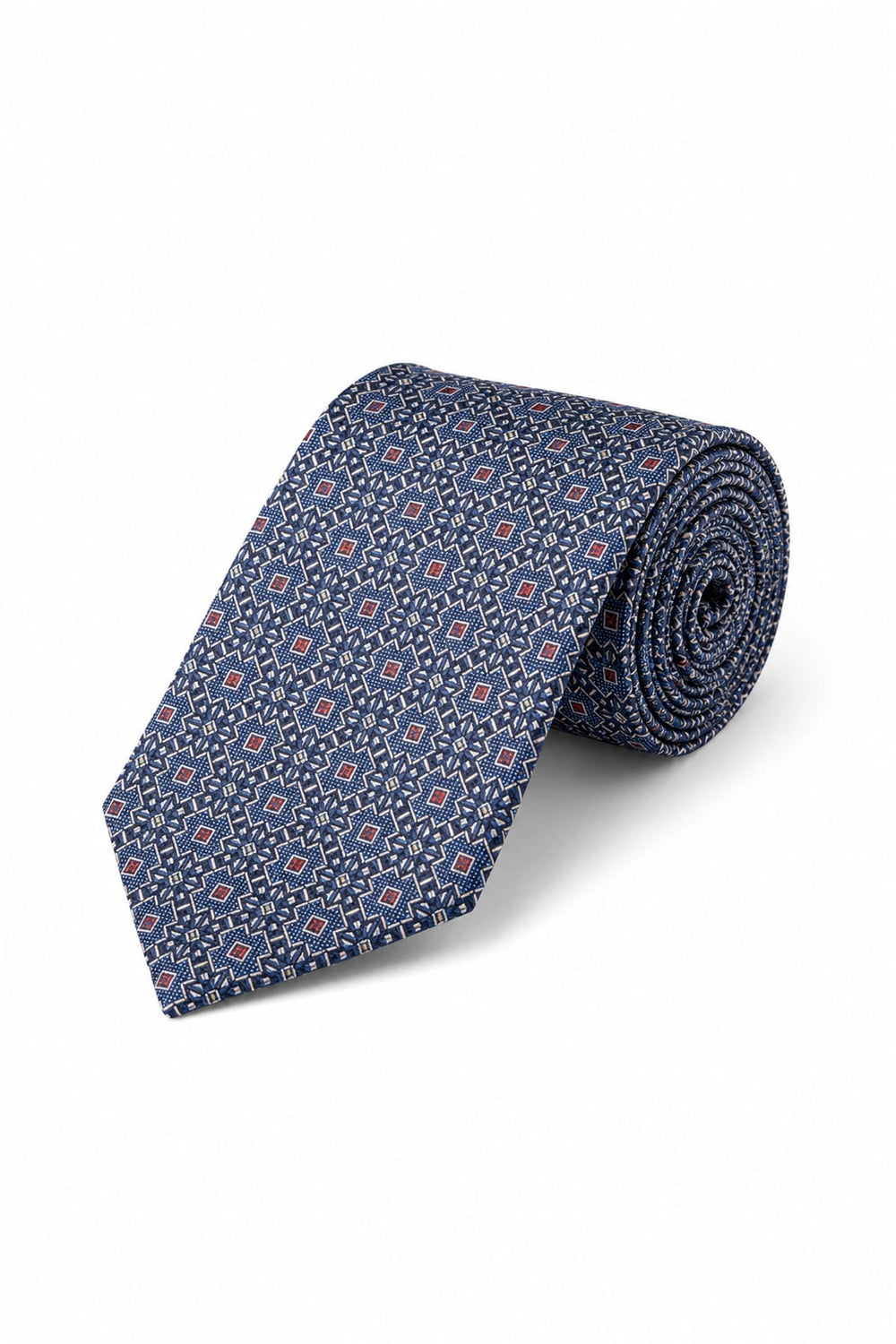 Front view of a blue geometric-patterned Eton tie for men - Valérie Simon