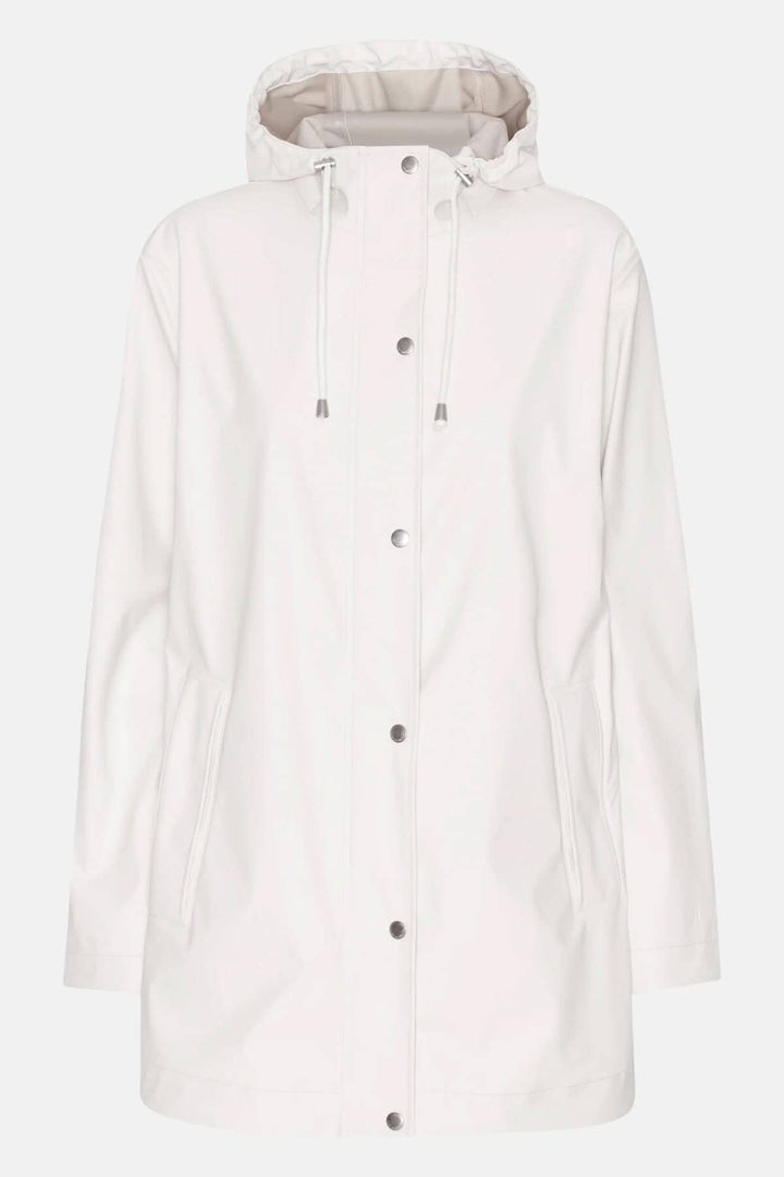 Imperméable blanc à capuche, coupe droite, en tissu imperméable léger et durable, avec coutures soudées.