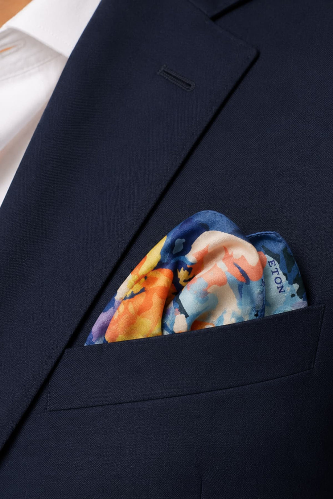 Front view of the Eton blue floral silk pocket square for men - Valérie Simon