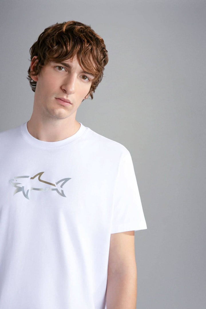 T-shirt blanc avec logo métallisé Paul and Shark, style décontracté et élégant pour homme.
