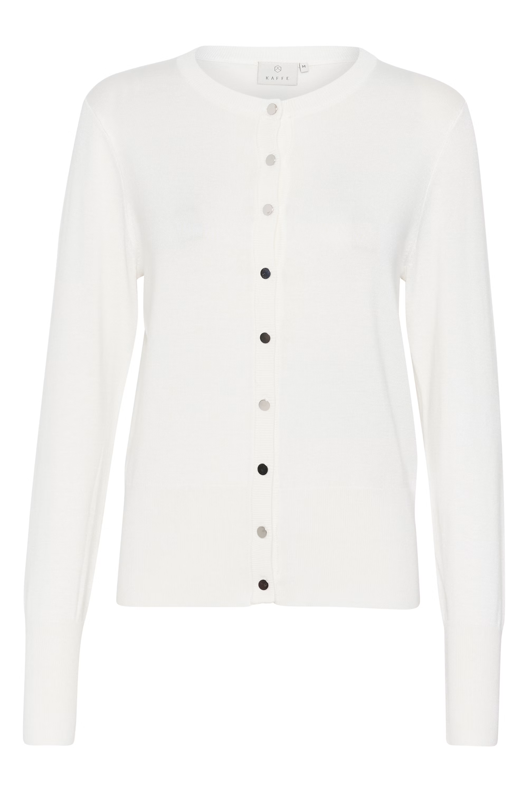 Cardigan Lizza blanc avec encolure ronde et boutons, élégant et polyvalent, manches longues ajustées, couture fine.