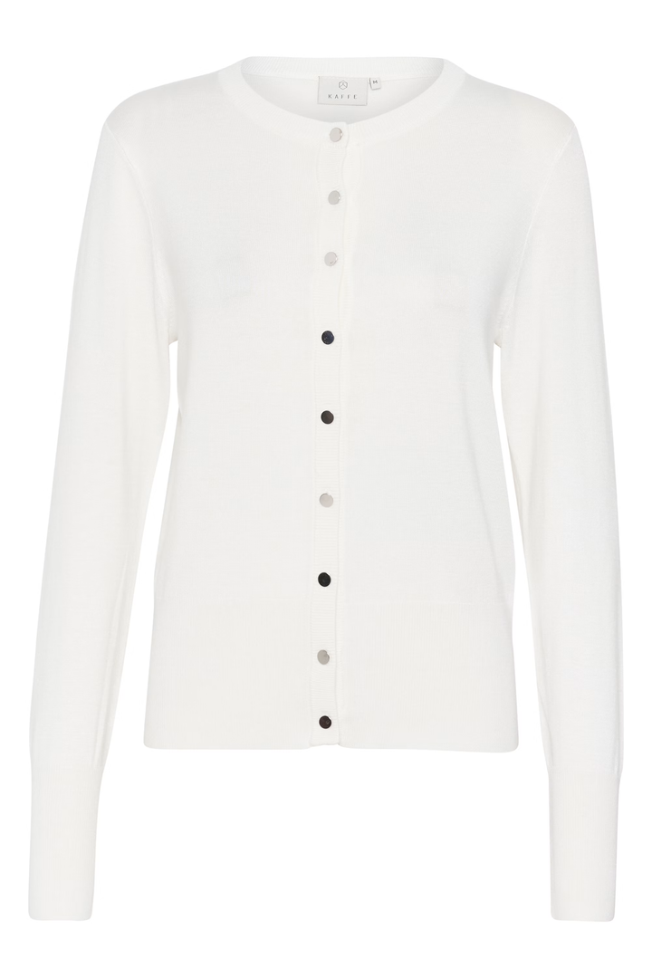 Cardigan Lizza blanc avec encolure ronde et boutons, élégant et polyvalent, manches longues ajustées, couture fine.