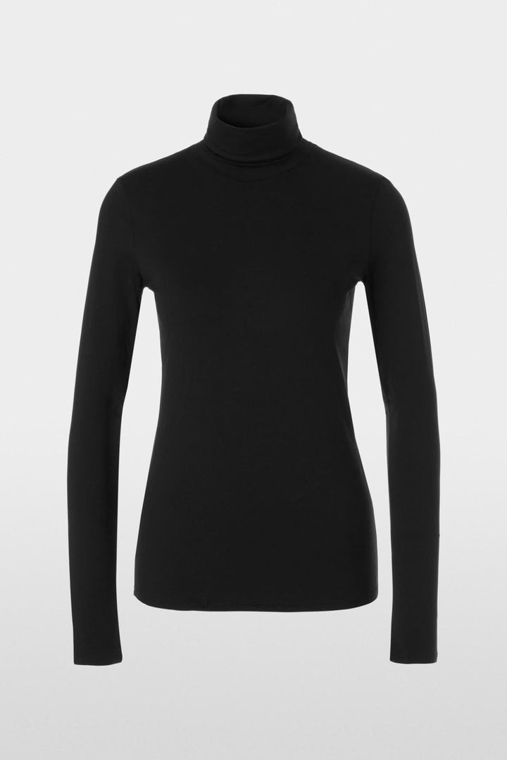 Chandail à col roulé noir, coupe légèrement cintrée, en tissu extensible et doux au toucher.