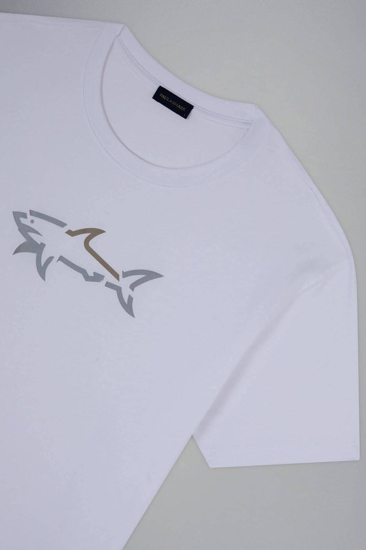 T-shirt blanc avec logo métallique Paul and Shark, style élégant et décontracté.