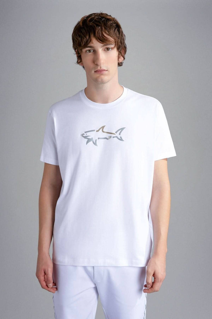 T-shirt blanc avec logo métallique Paul and Shark pour un style décontracté et élégant.
