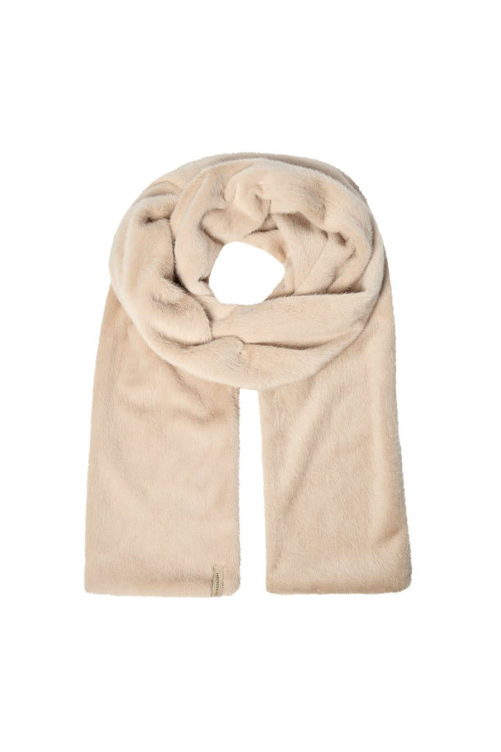 Foulard en fausse fourrure beige, ultra-doux et élégant, parfait pour les journées froides.