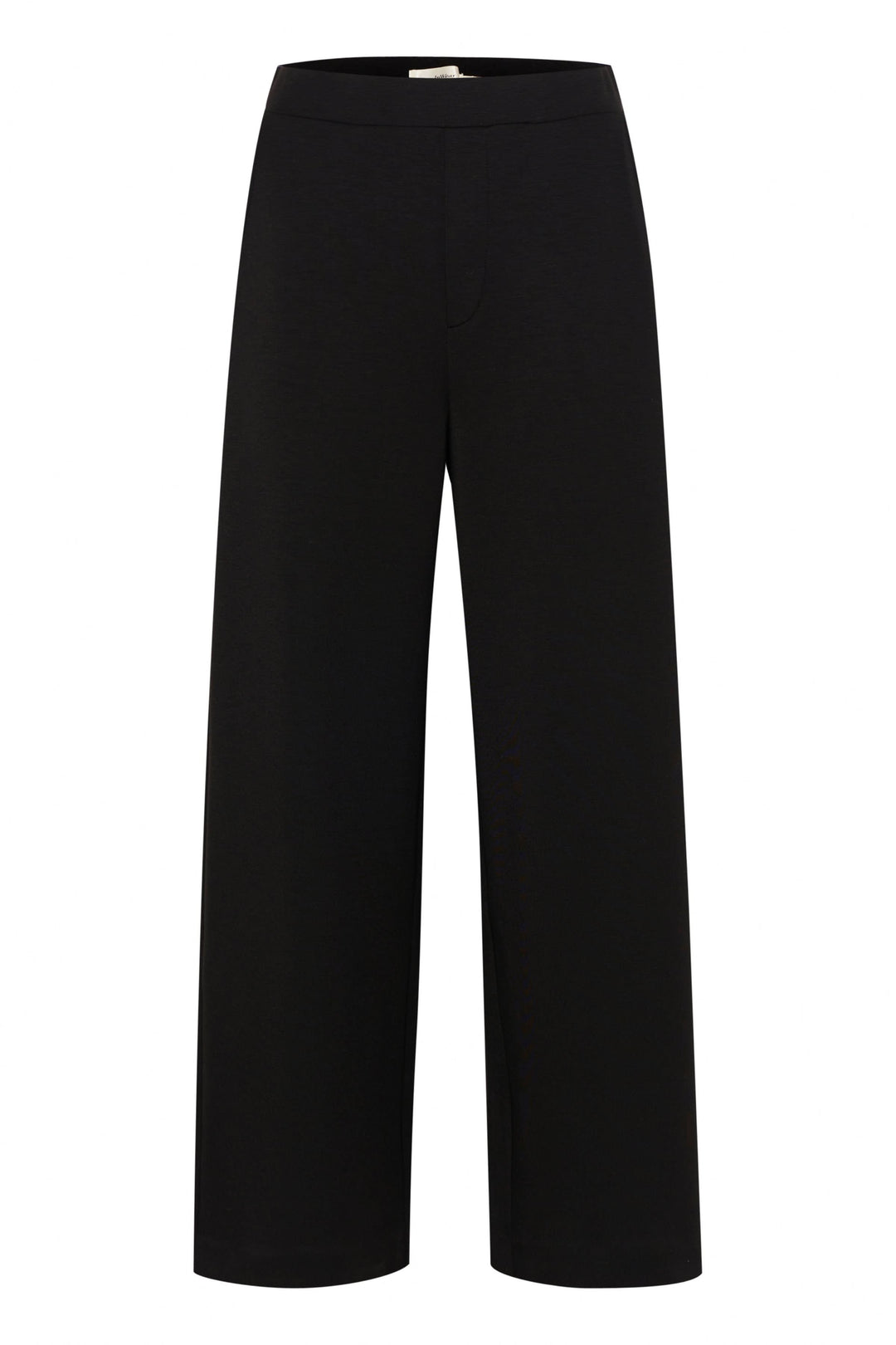 Pantalon Gincette noir à jambe large en jersey fluide, taille élastique pour confort et élégance.