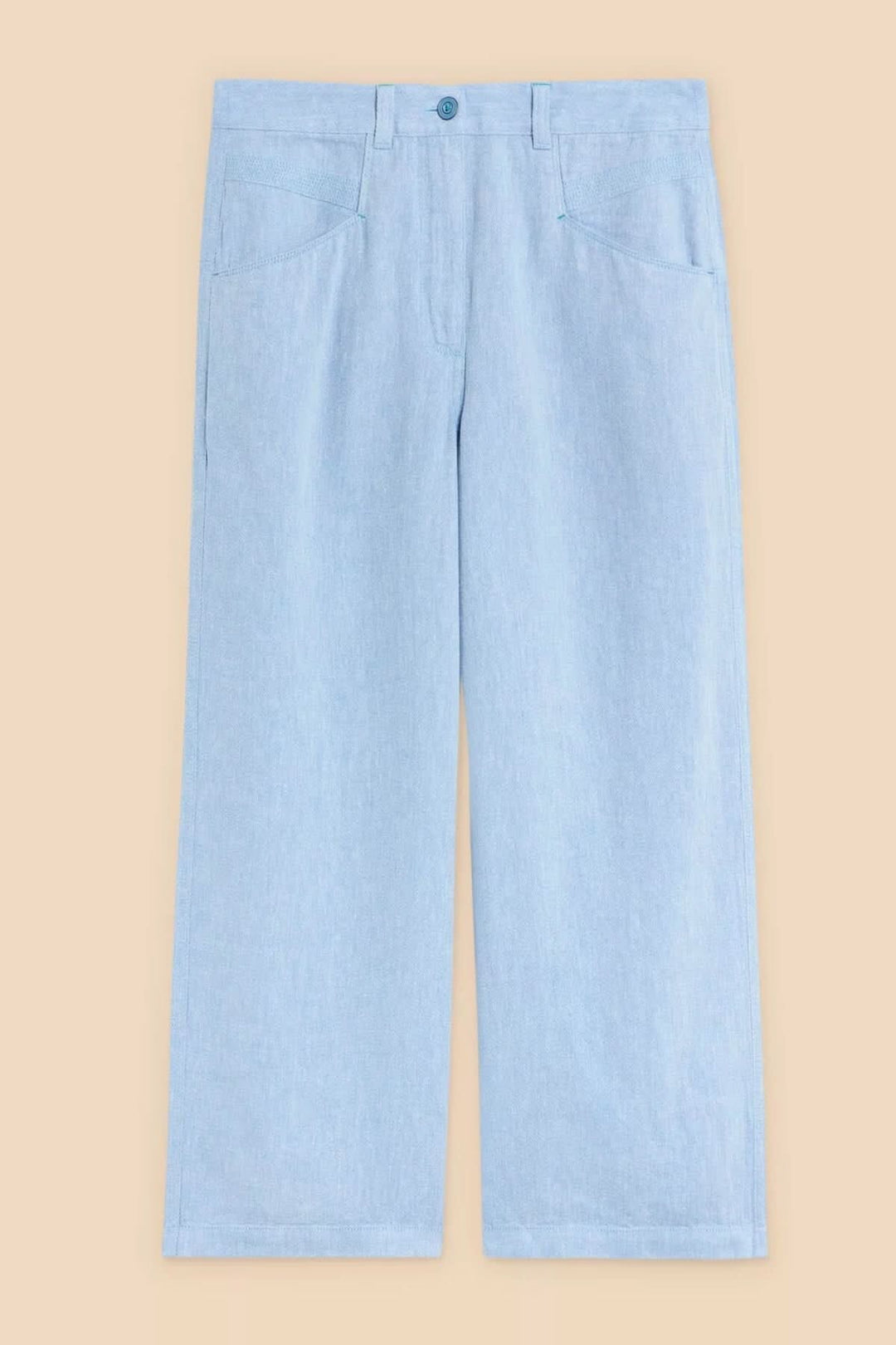 Pantalon Harper classique à jambe large, couleur bleu clair, avec poches avant et arrière.
