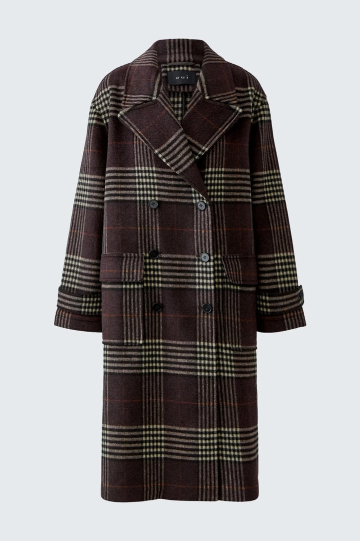 Manteau long à carreaux vue de face pour femme Oui