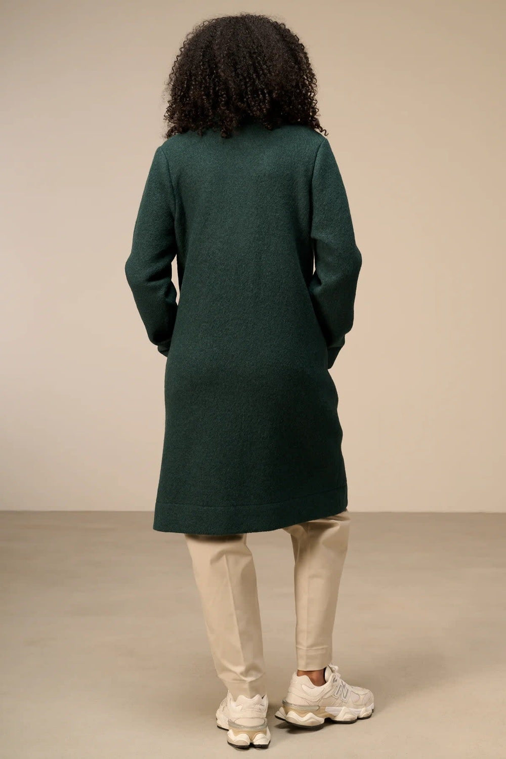 Women's Nile long coat with notched collar, front view