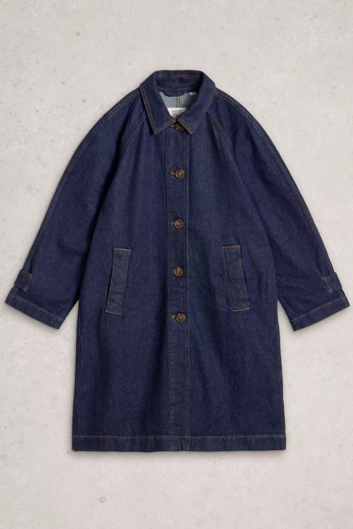 Back view of the Oakleigh long denim coat with wide collar White Stuff for women - Valérie Simon