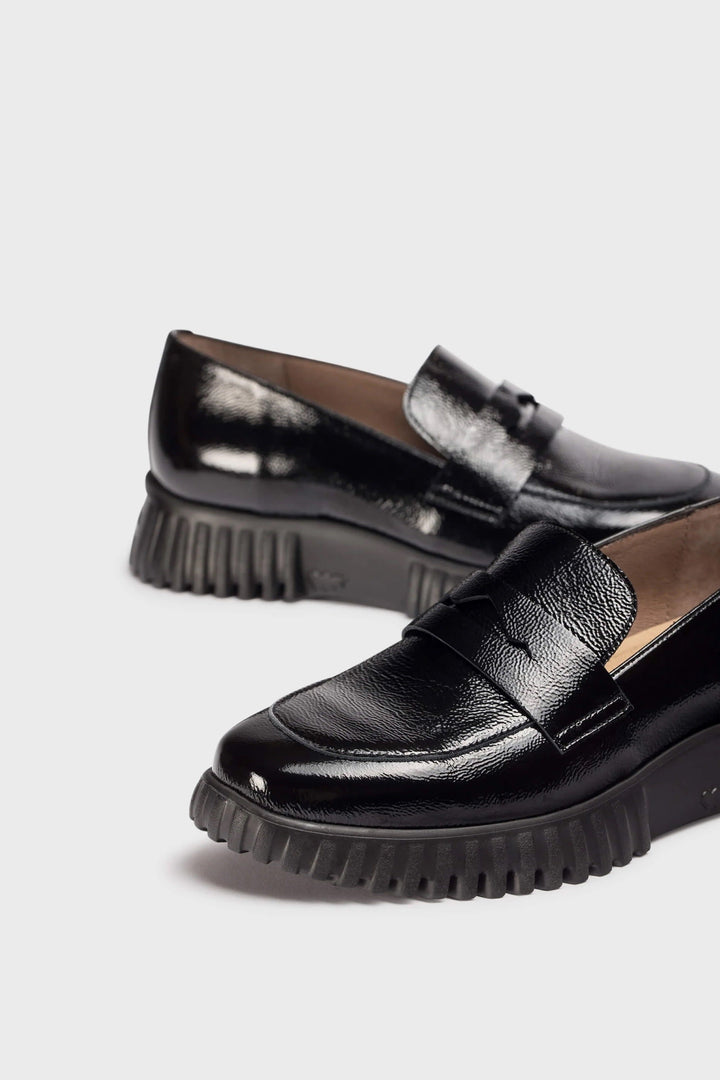 Black patent loafers with lug sole, front view, for women by Wonder