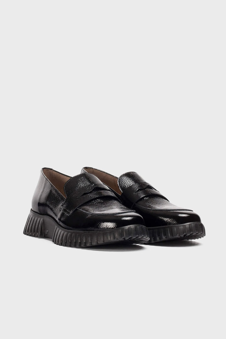 Patent loafers with lug sole for women by Wonder