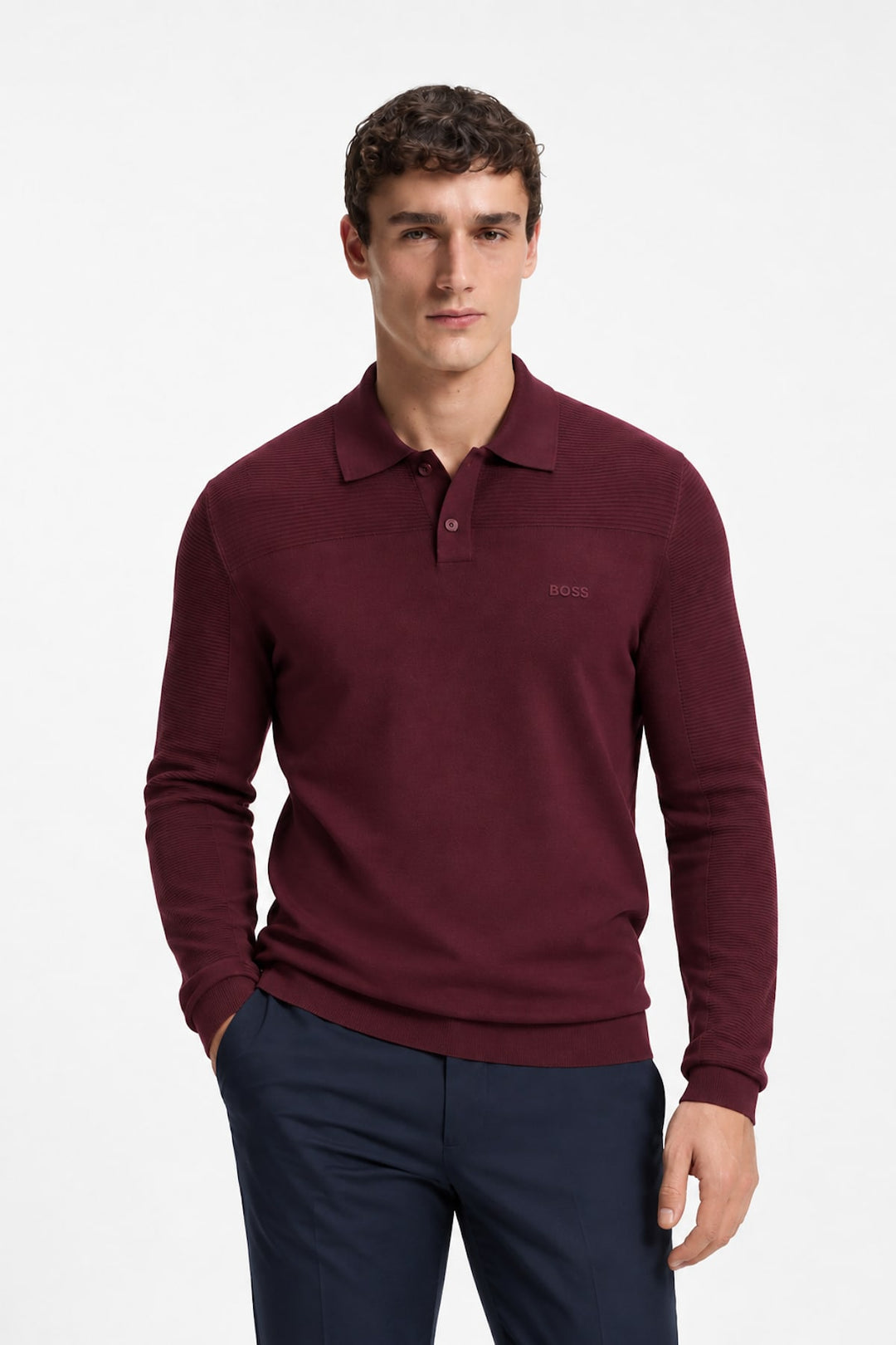 Polo à manches longues texturé vue de face pour homme Hugo Boss