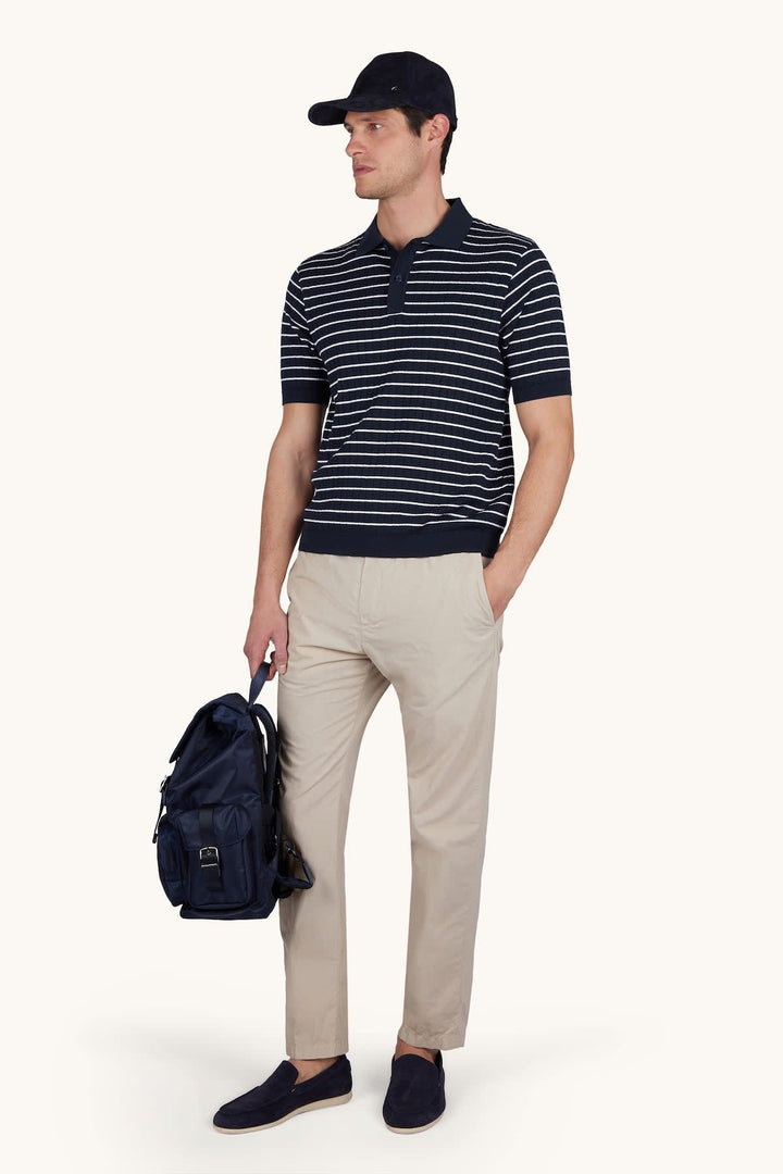 Vue de face polo à rayures Paul and Shark pour homme bleu marine avec logo Valérie Simon