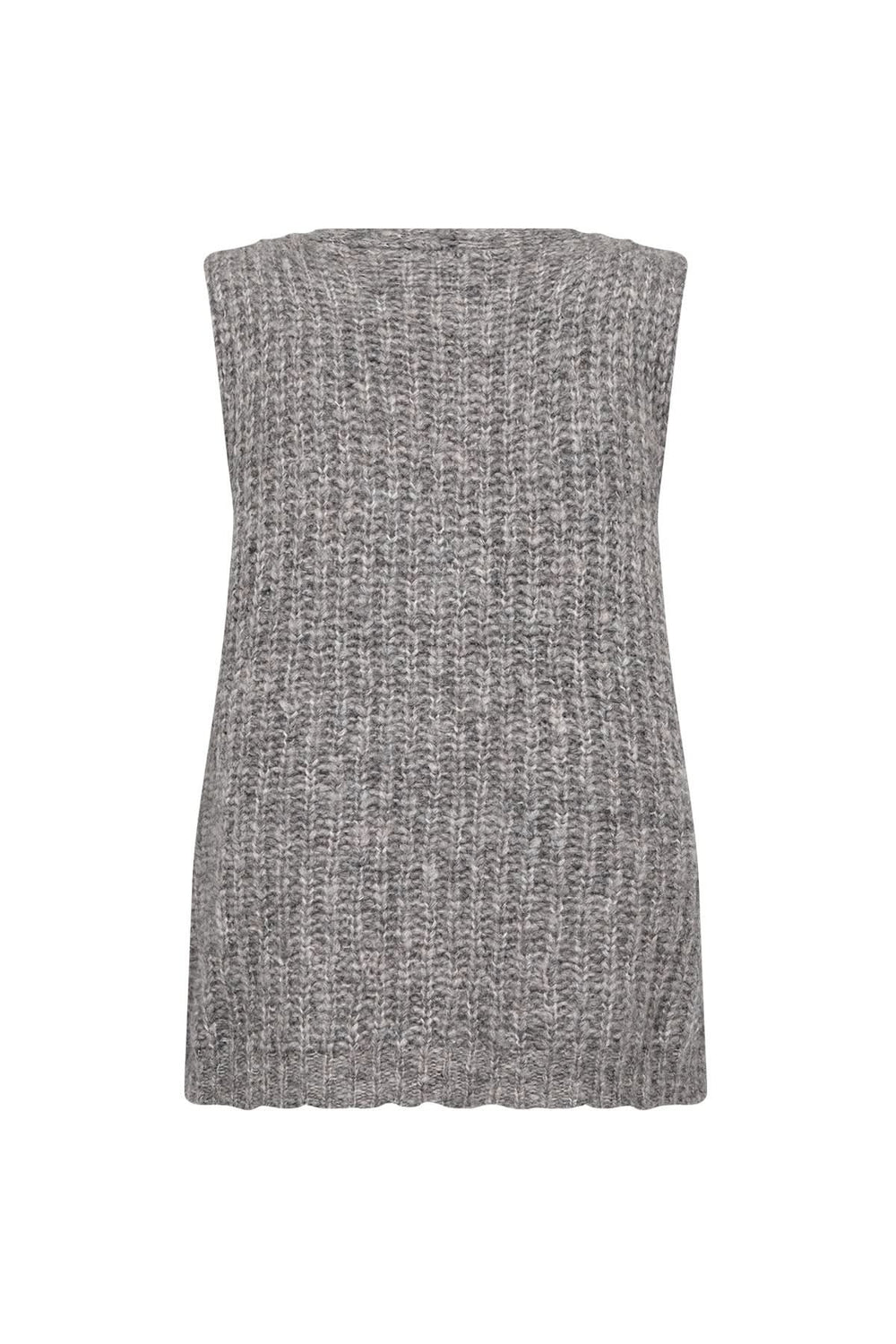 Veste sans manches en grosse maille texturée, grise, au fini chiné, idéale pour superpositions automnales.