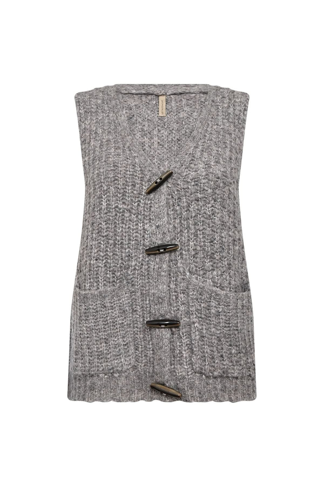 Veste sans manches en grosse maille texturée grise avec larges boutons, parfaite pour l'automne.