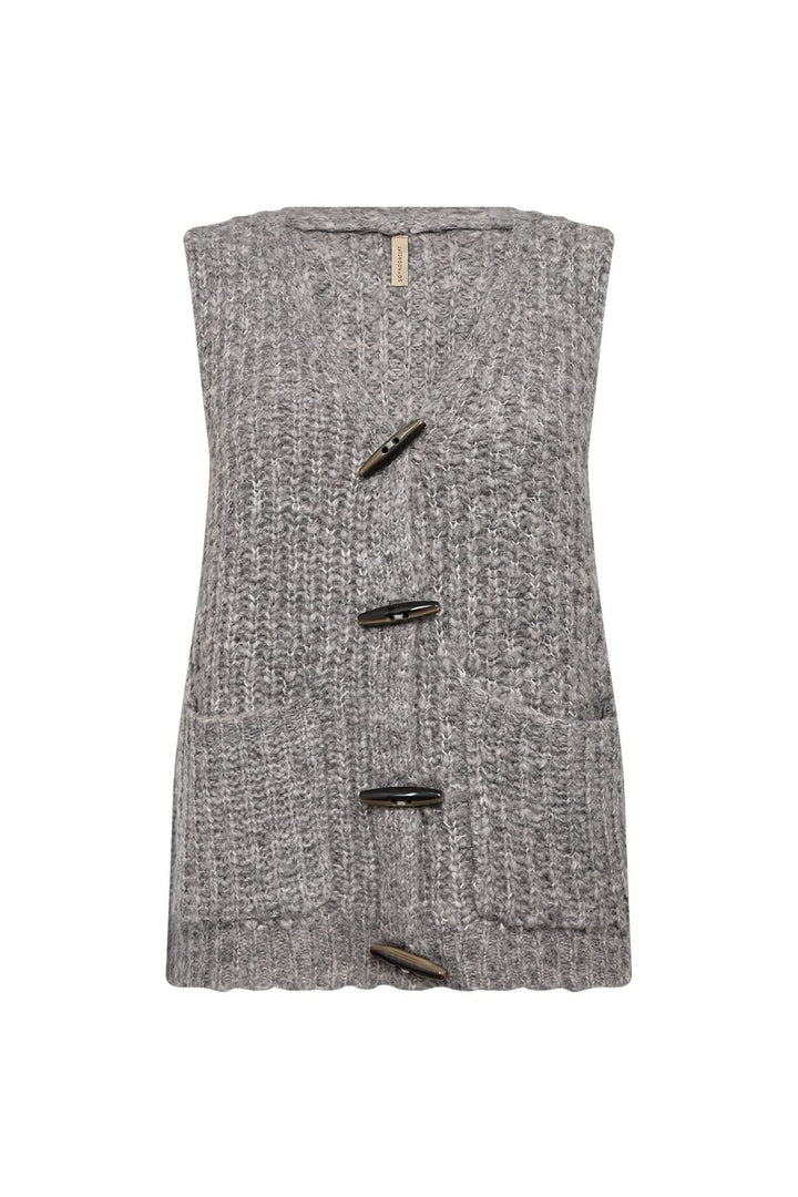 Veste sans manches en grosse maille texturée grise avec larges boutons, parfaite pour l'automne.